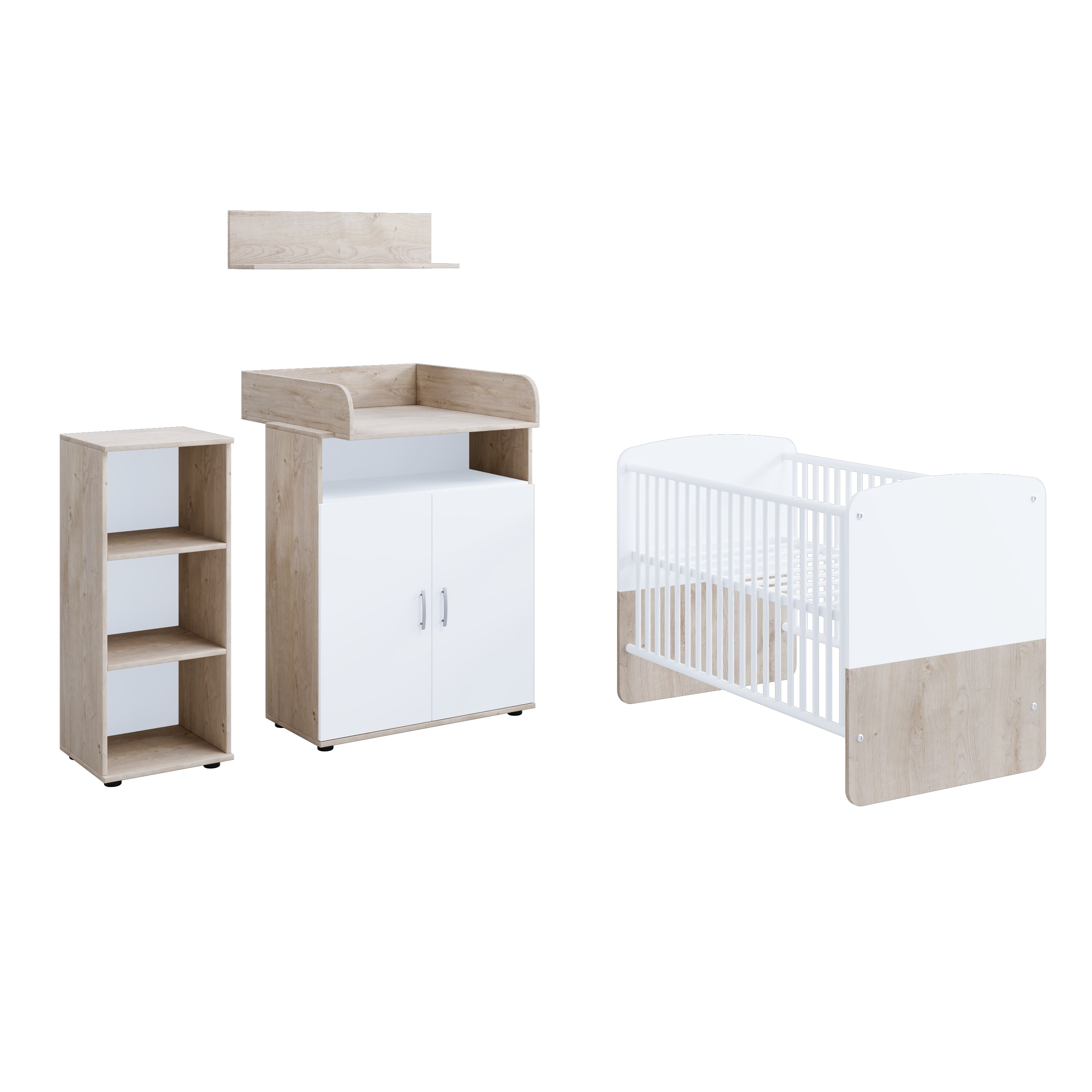 nonjoo. Babyzimmer Lani Set 2: best. aus Babybett, Kommode, Wickelaufsatz, Wandboard und Regal mit 3 Fächern