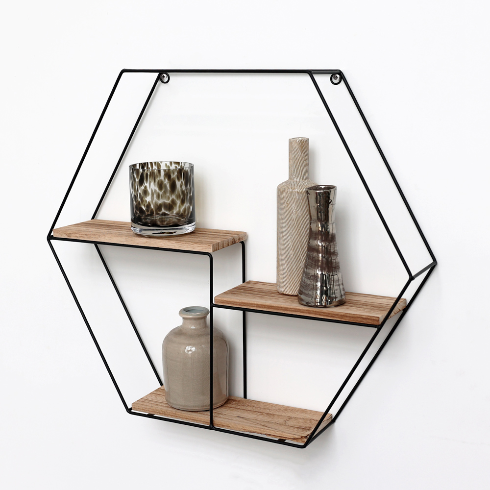 Etagère murale en métal noir avec 3 étagères - hexagone - 48x55x10 cm