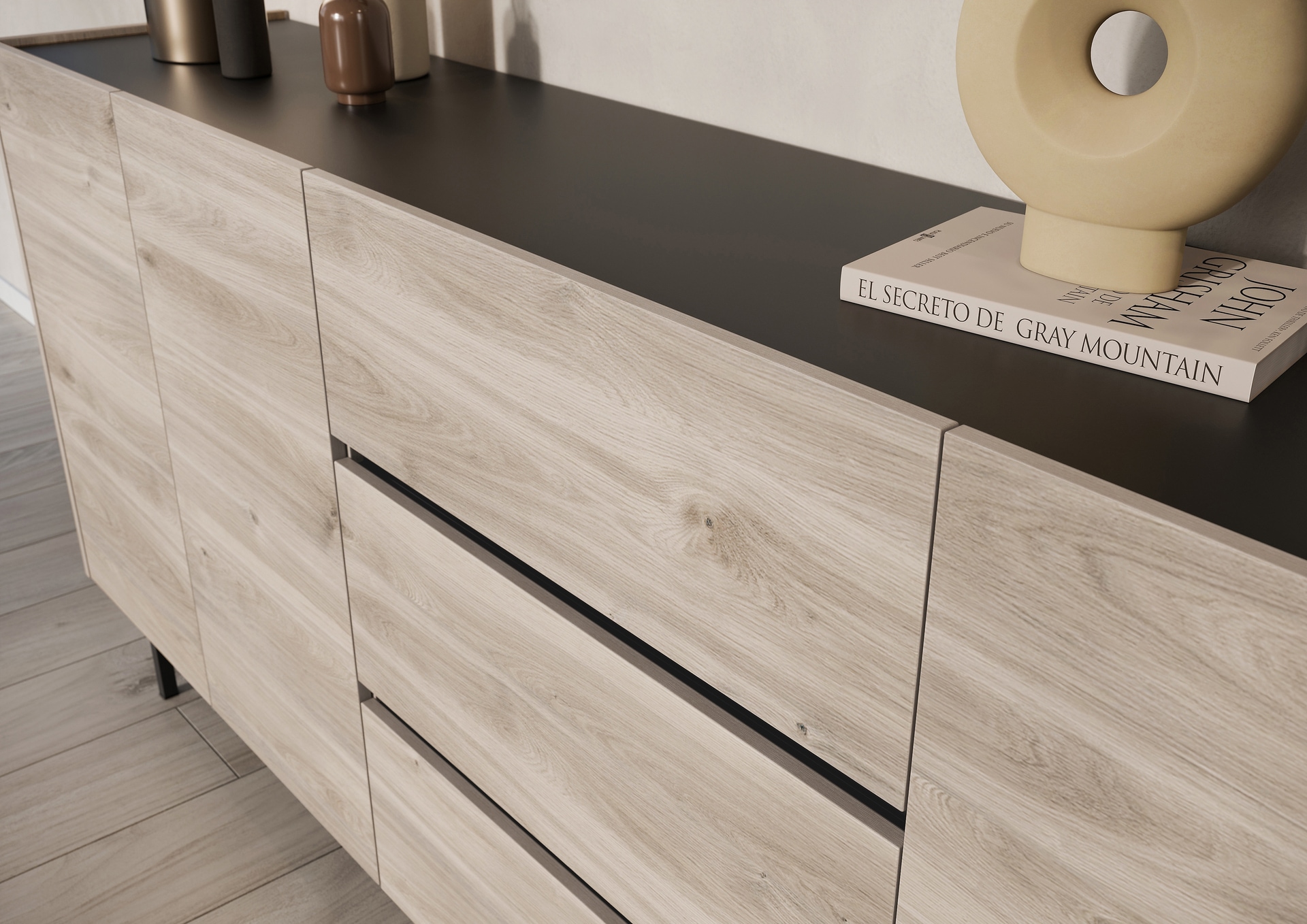 Sideboard EMMA 190 x 88 cm Castello-Eiche-Dekor beige/schwarz