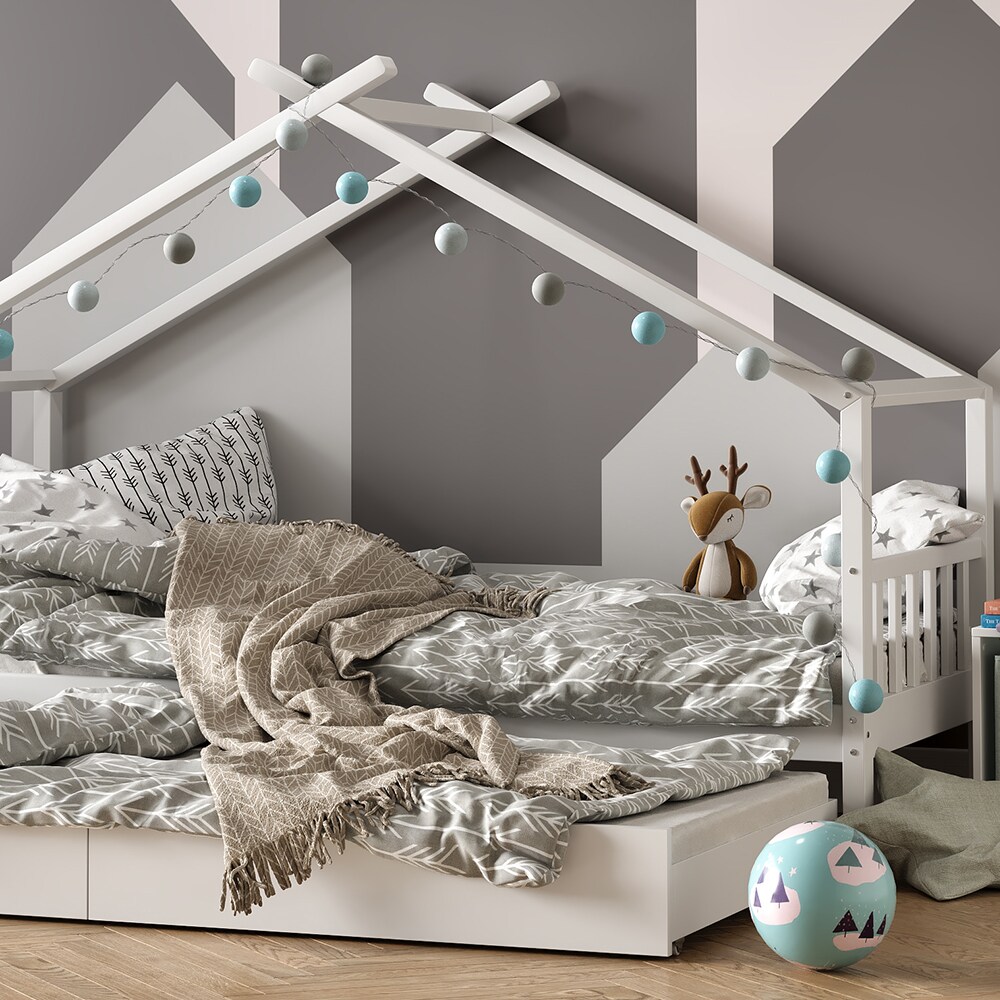 VitaliSpa Kinderbett Hausbett Gästebett Design Lattenrost 90x200 Matratze Weiß