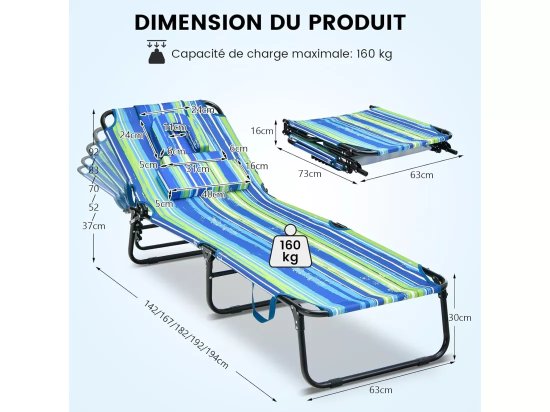 Chaise Longue Pliante Réglable à 5 Positions avec Trou pour Visage, Bain de Soleil en Tissu et velours Oxford 3 Coussins Amovibles Charge 160KG, pour Piscine Plage Cour CamBoisg (Coloré)