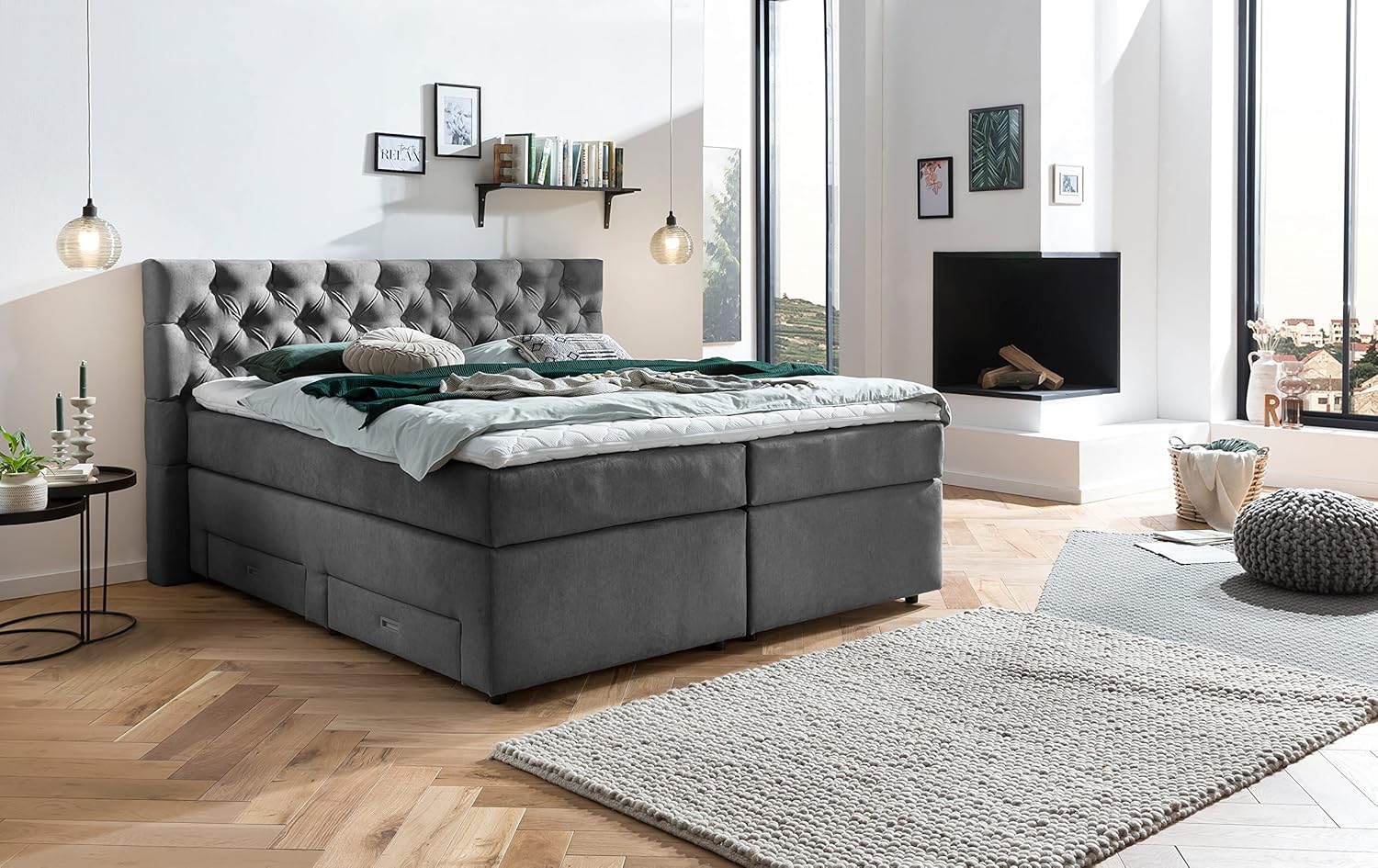Belanoti ® Lara Boxspringbett 160x200 mit 4 Schubladen Stauraum Bett 160x200 mit Bettkasten in der Farbe Dunkelgrau H2/H3 Chesterfield Kopfteil 7-Zonen Taschenfederkern Matratze inkl. Visco Topper