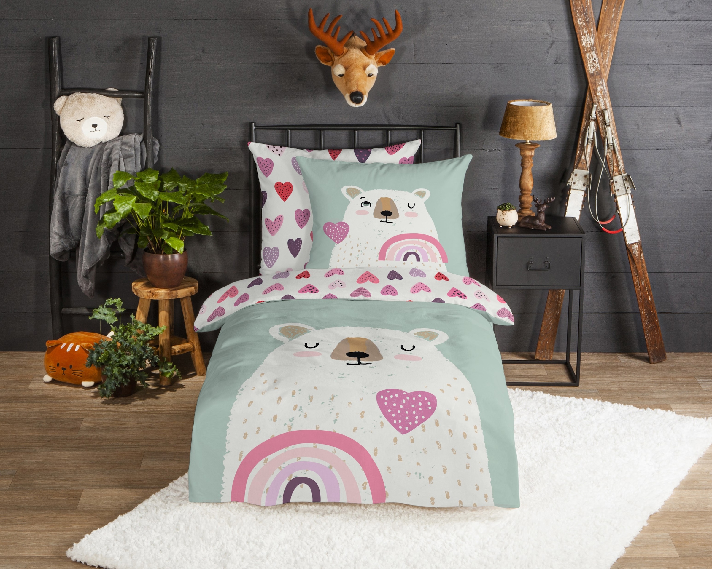 good morning Kinderbettwäsche »Ted« 2 Stk. tlg. Flanell, Biber, 135x200, Warm, Wende, Kind, Bär, Eisbär, minzgrün