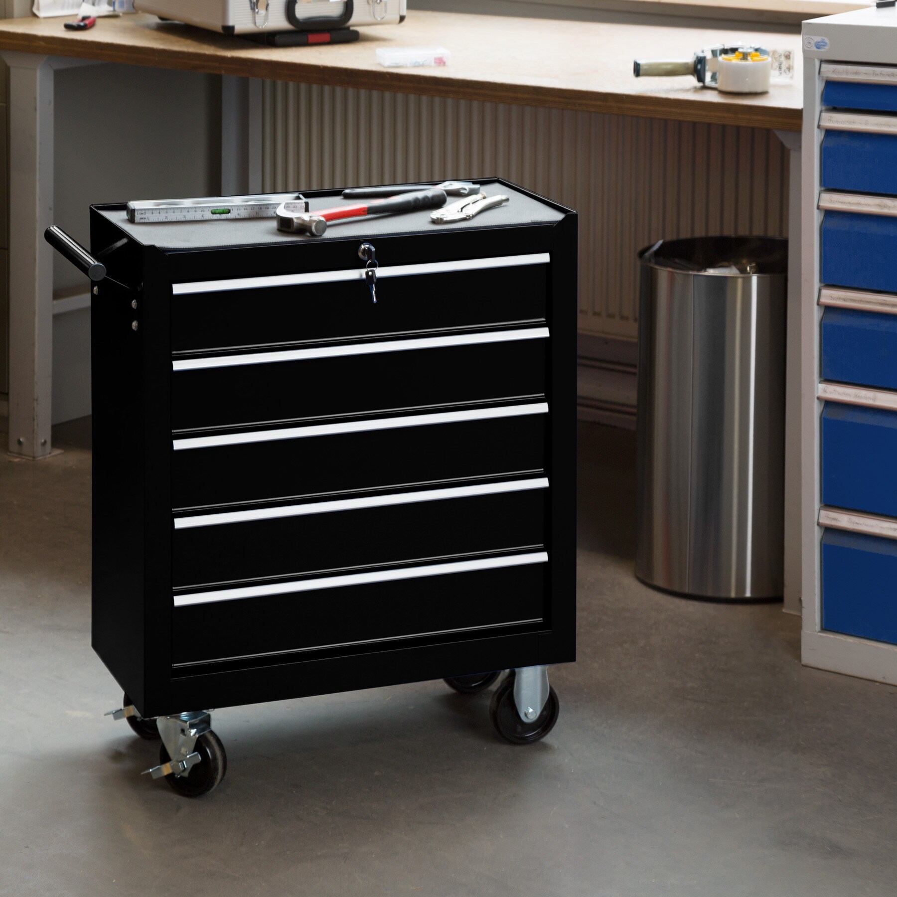 tectake® Werkzeugwagen, 5 kugelgelagerte Schubladen mit Antirutschmatten, zentrale Sicherheitsverriegelung, Rollen Ø 100 mm