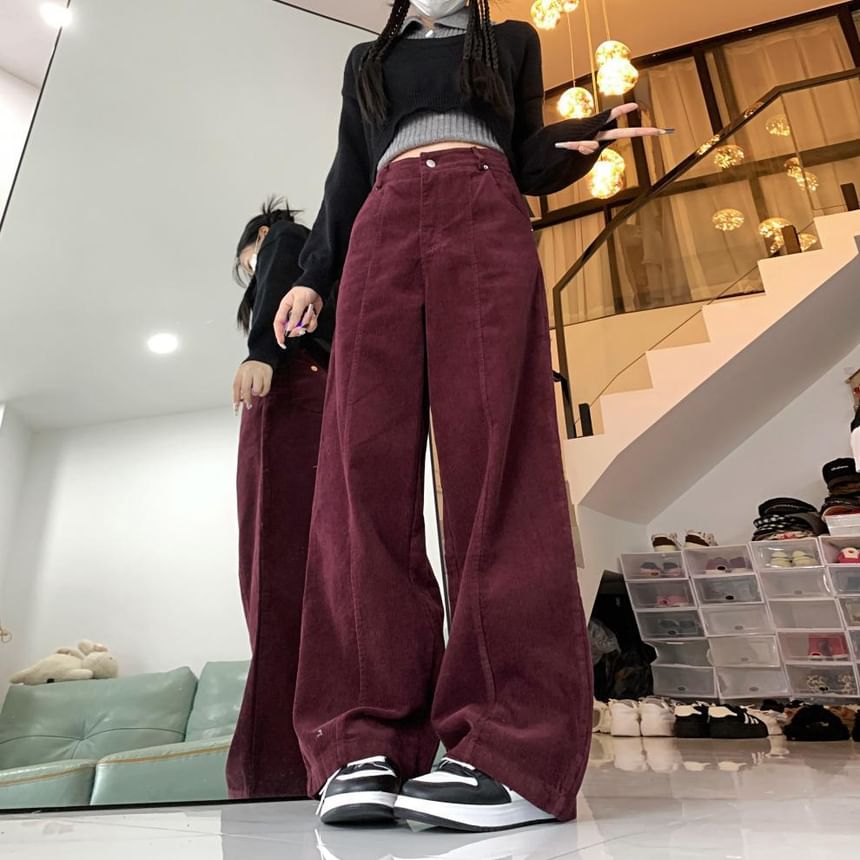 Chisan - Corduroy broek met hoge taille en wijde pijpen