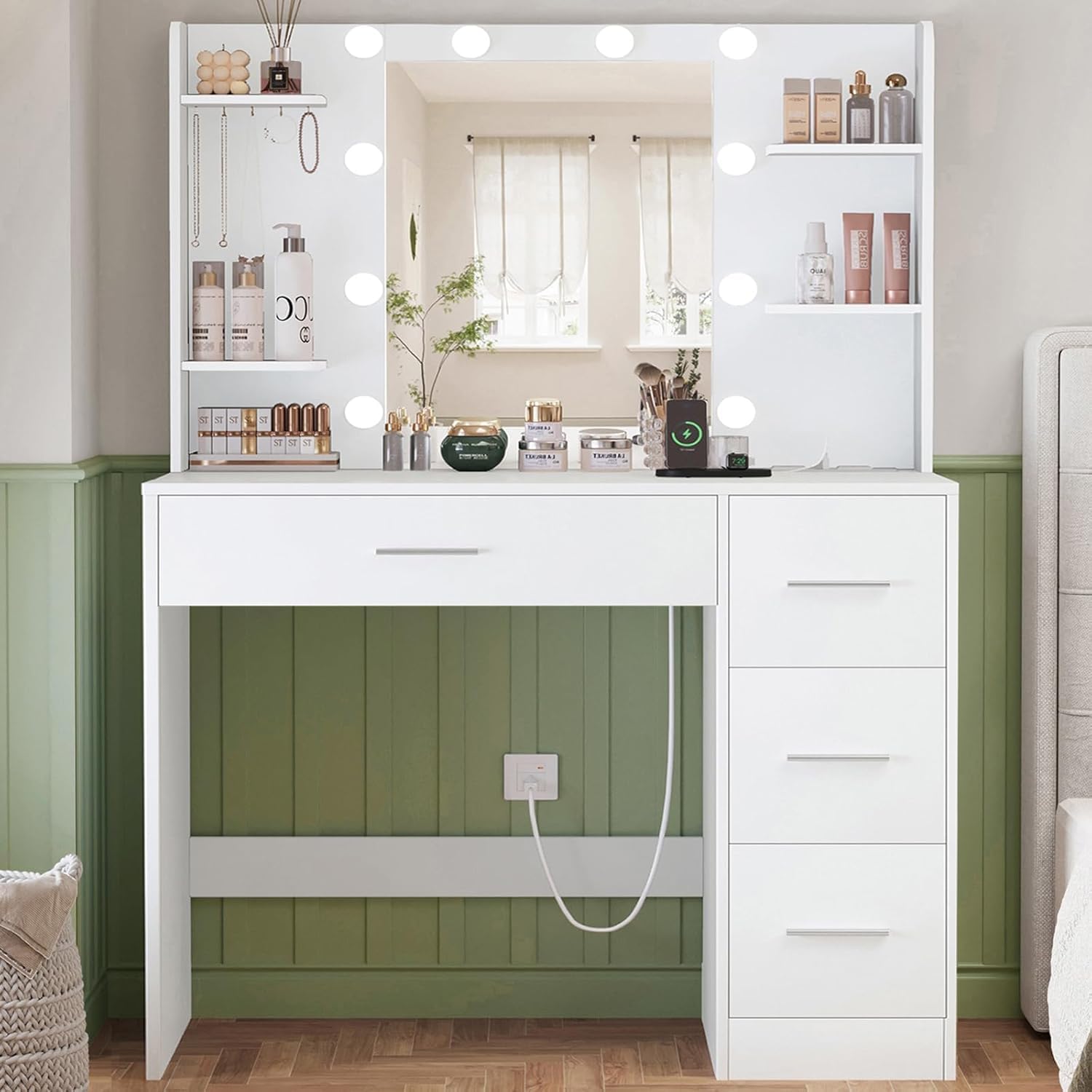 TEENFON Schminktisch mit Spiegel und Beleuchtung, Make-up Schminktische mit Steckdose, Schminktisch mit 4 Schubladen, 4 offenen Regalen, 5 Schmuckhaken für Schlafzimmer, Weiß