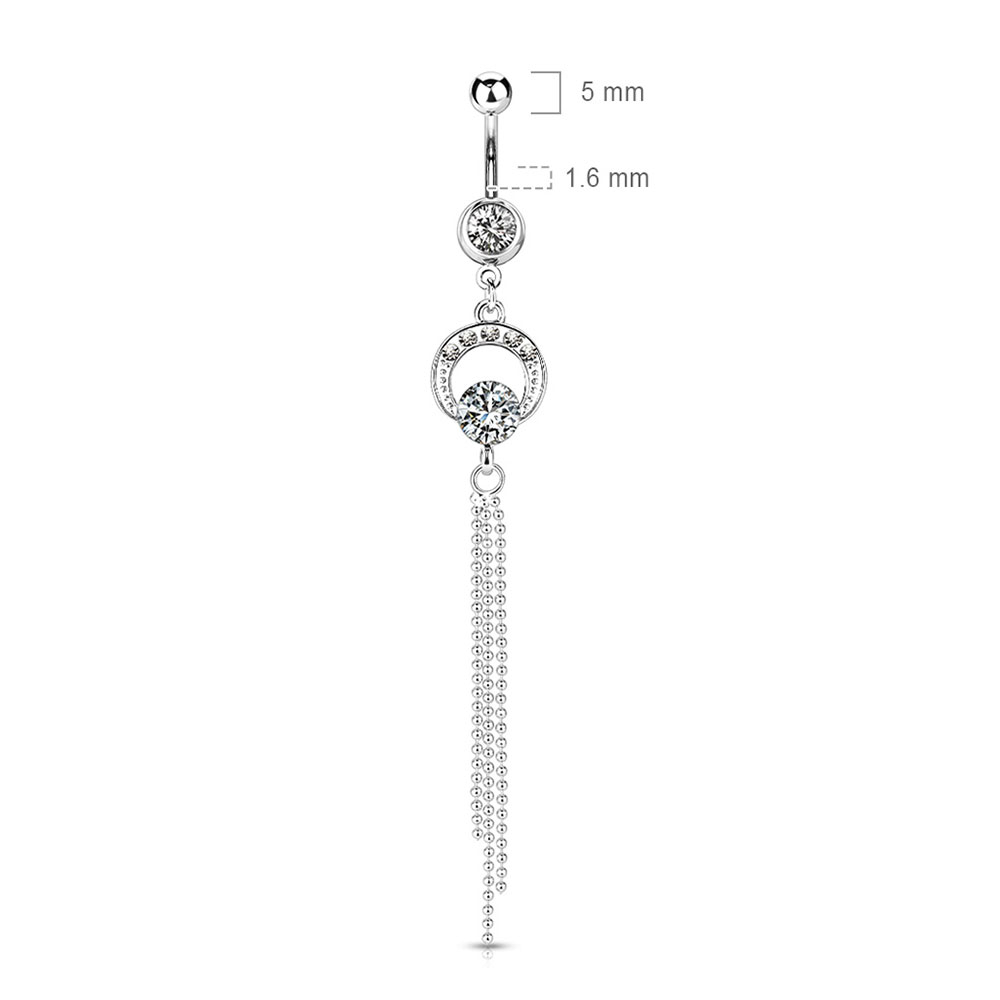 (10mm) 316L Chirurgenstahl Bauchnabelpiercing mit Gewindeverschluss Quaste und Strass - Silber