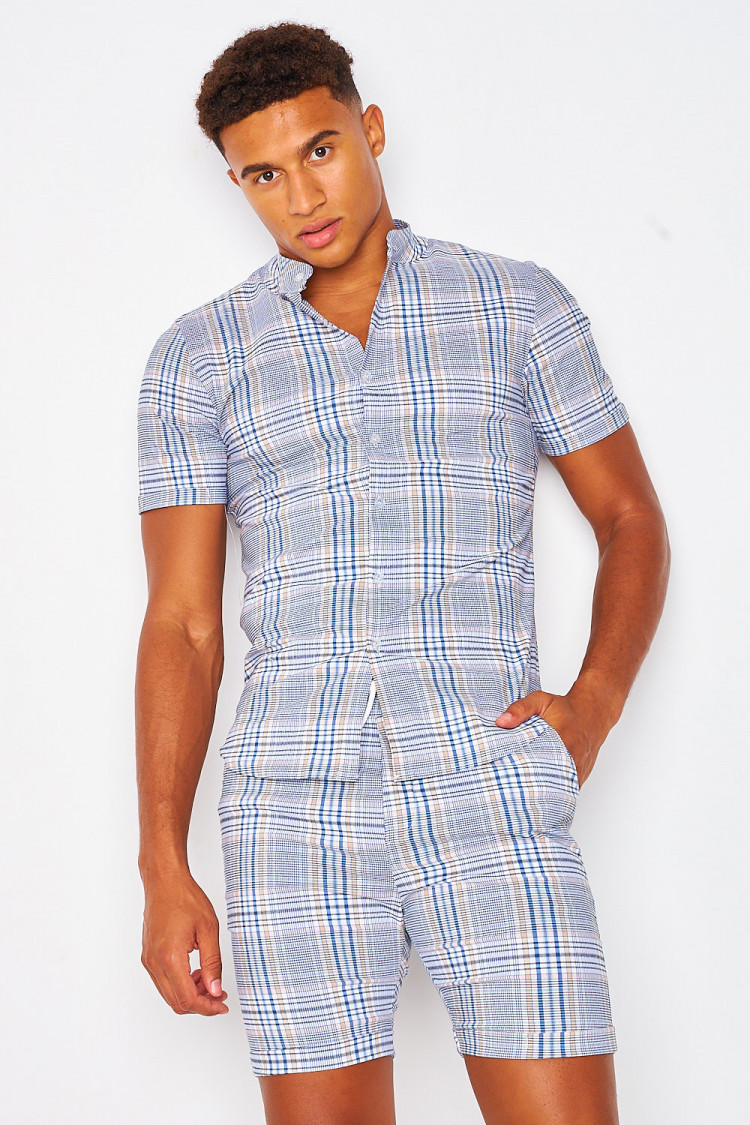 Short blanc à carreaux bleus et beiges