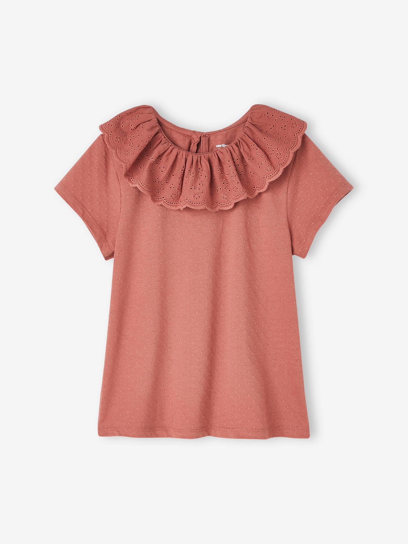 Camiseta off-white com gola bordada em estilo inglês para meninas