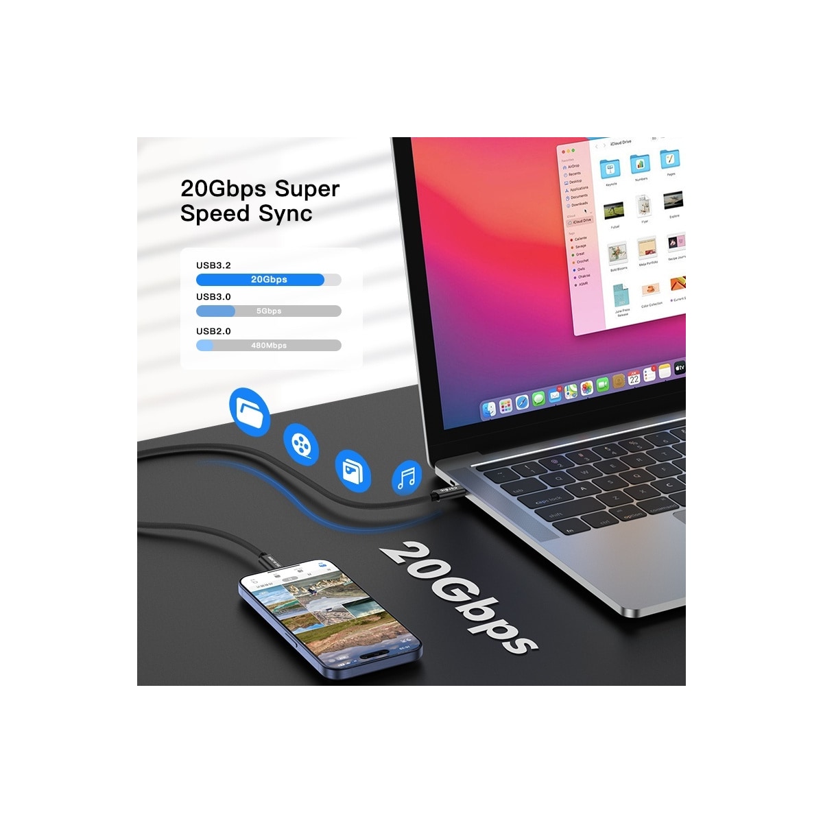 NÖRDIC 2m USB 3.2 Gen 2 USB-C til C nylonflettet kabel PD3.1 240W 20G 4K60Hz svart