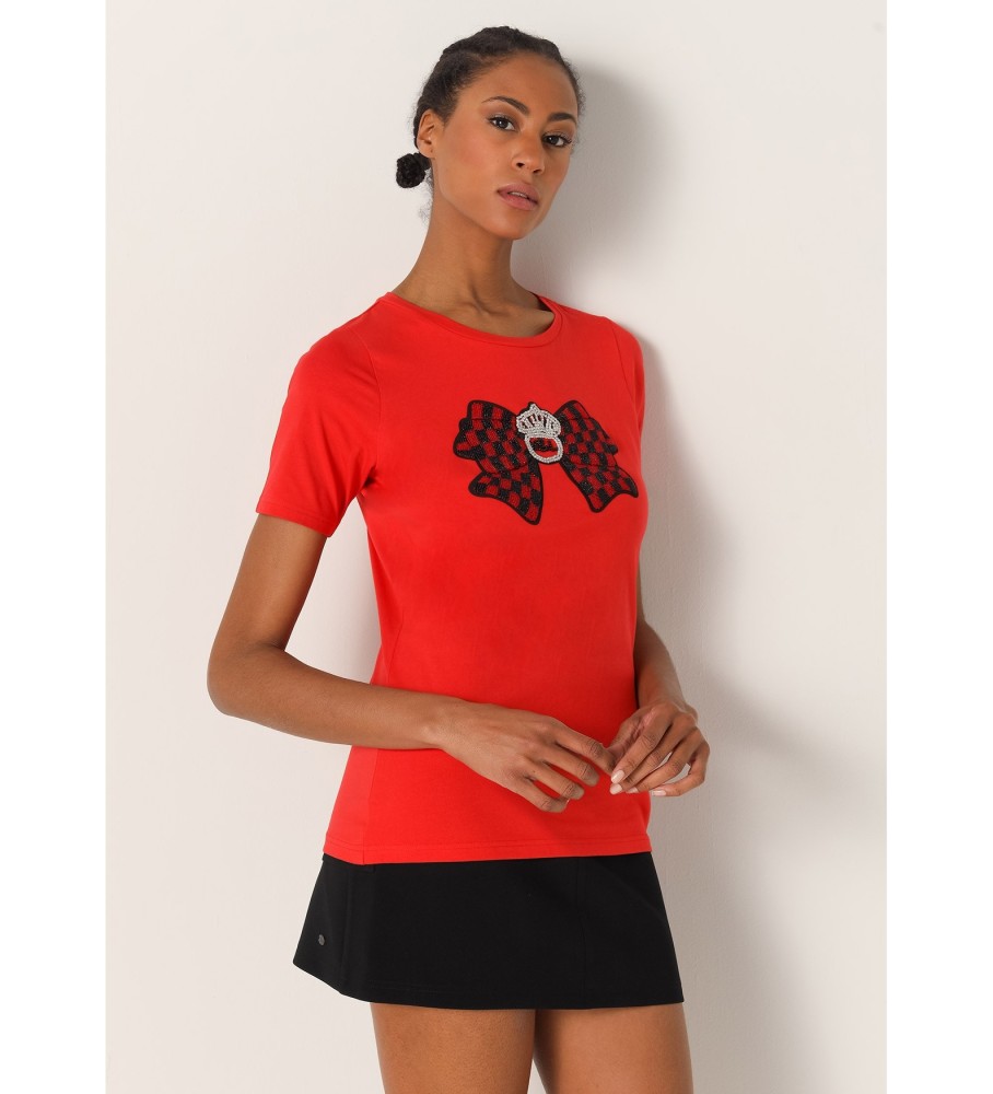 Victorio & Lucchino, camiseta de manga curta V&L com laço vermelho cravejado de joias
