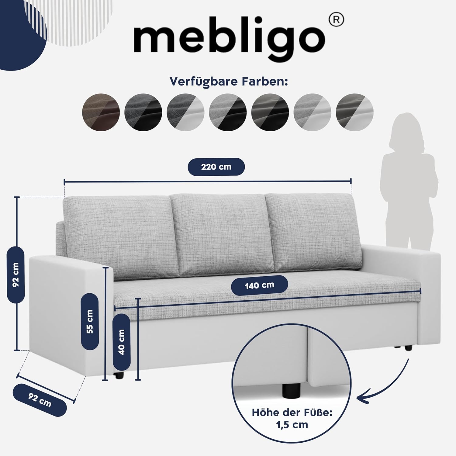 Mebligo - Sofa Dreisitzer Wohnzimmer mit Schlaffunktion, Bettkasten und Kunsteleder 220x92x92 (BxHxT) Grau und Weiß Luna, Schlafsofa Platzsparend, Schlafcouch, Sofabett, Sofa Bed, Bettsofa