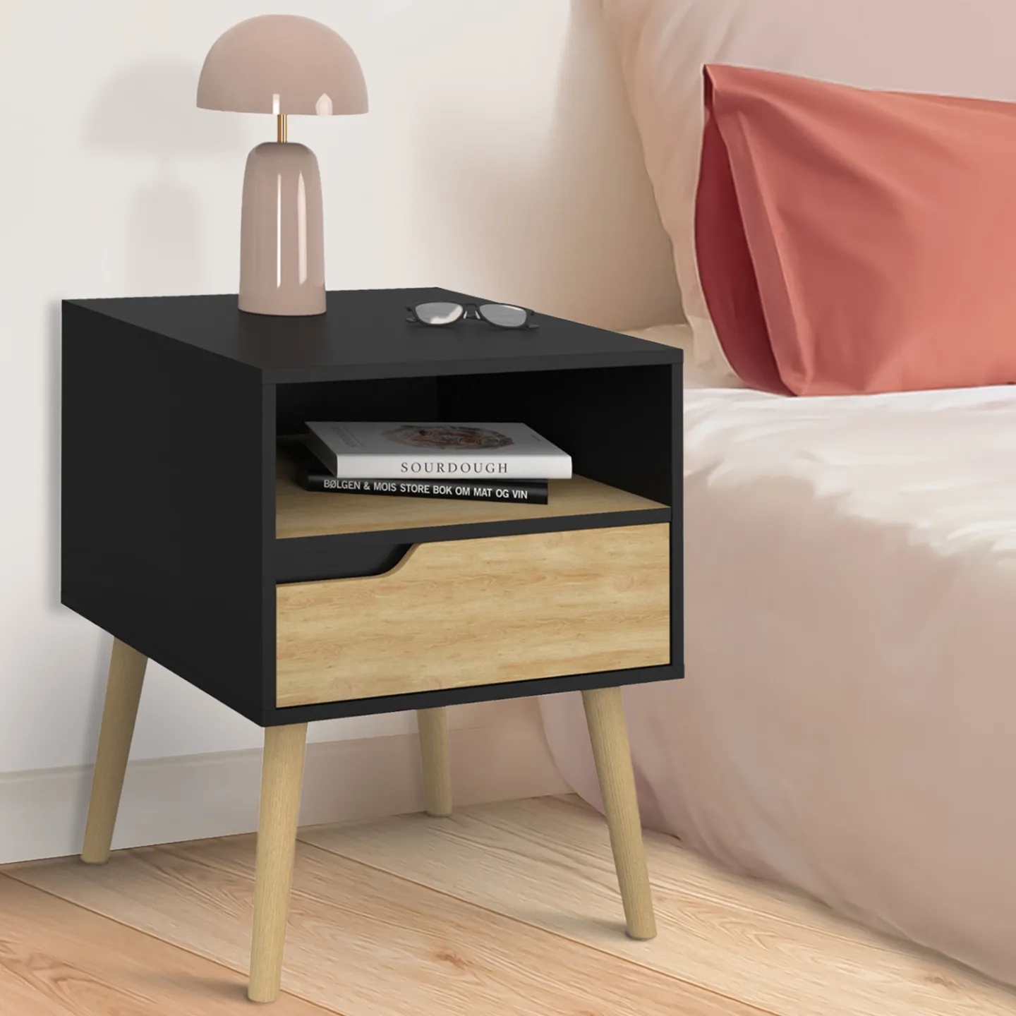 Lot de 2 tables de chevet HELSINKI scandinaves 1 tiroir avec niche noir et effet hêtre