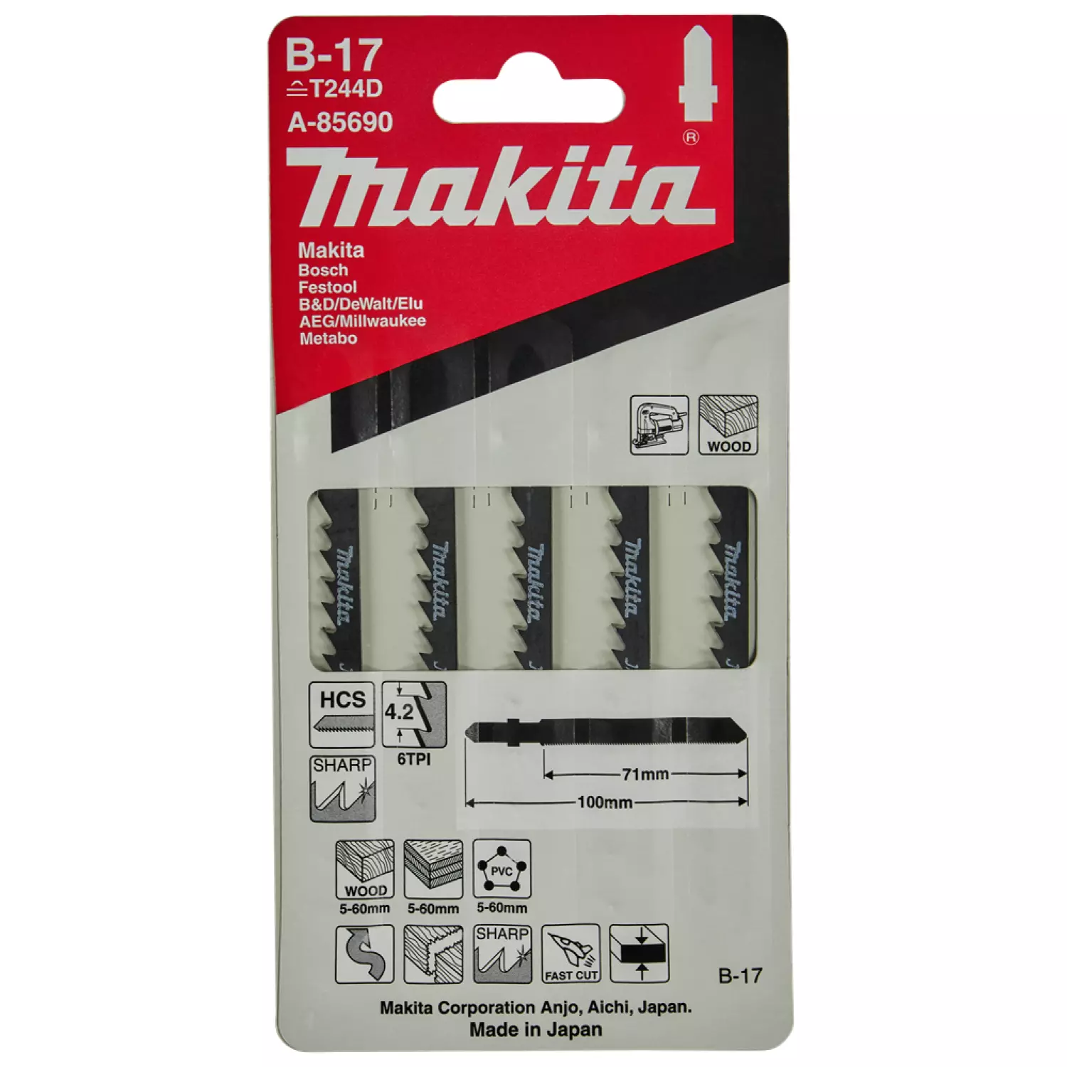 Makita A-85690 HCS Decoupeerzaagblad B17 - snel - Hout / Kunststof (5st)