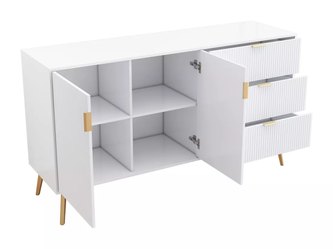 Buffet avec pieds et poignées dorés,commode, laqué,coins arrondis,,7 compartiments, 140Wx40Dx78H cm, blanc