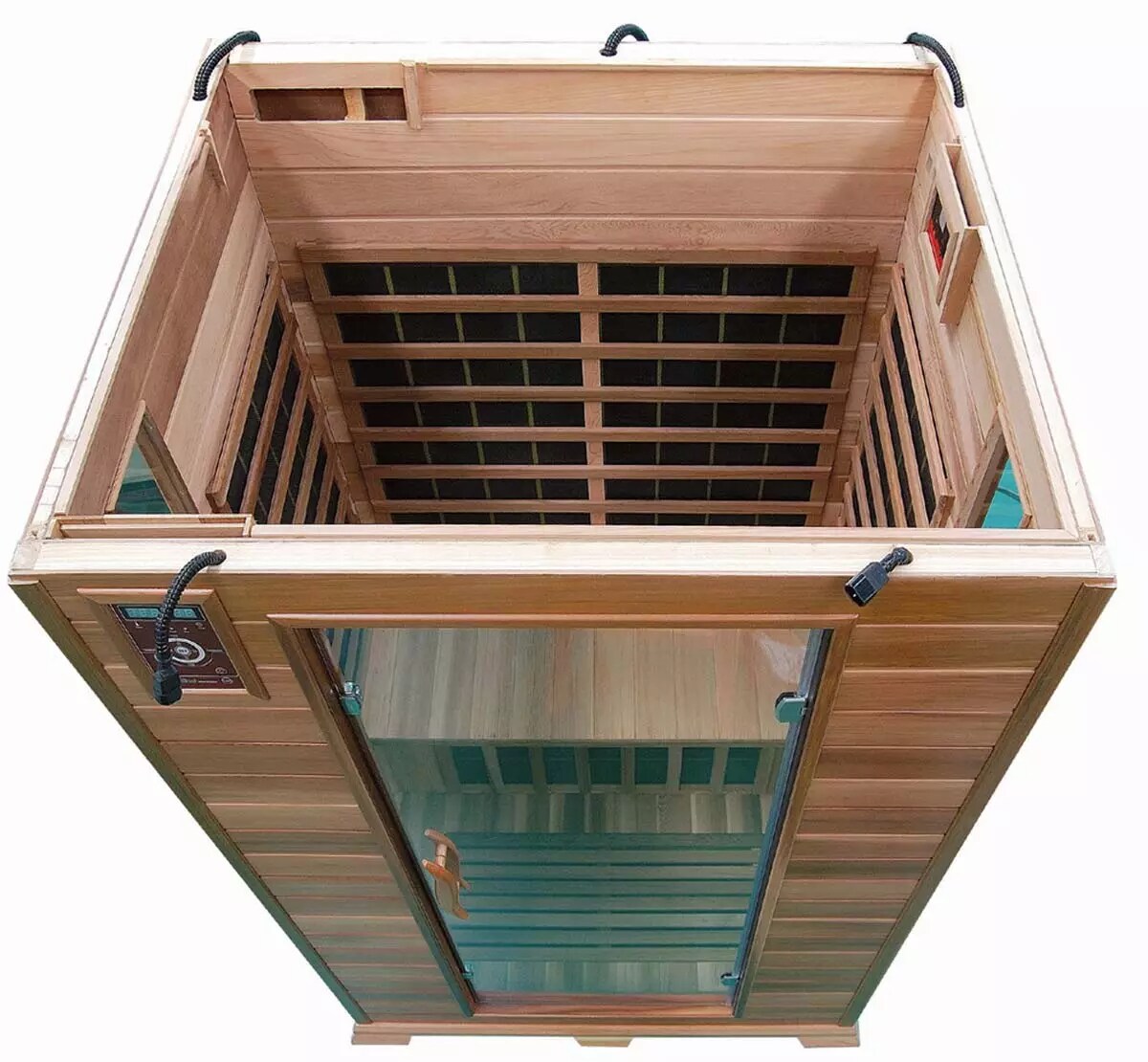 PureHaven Infrarotkabine 120x105x190 cm aus rotem Zeder-Holz Bluetooth-Soundsystem Timer Lichttherapie in 4 Farben digitale Steuerung