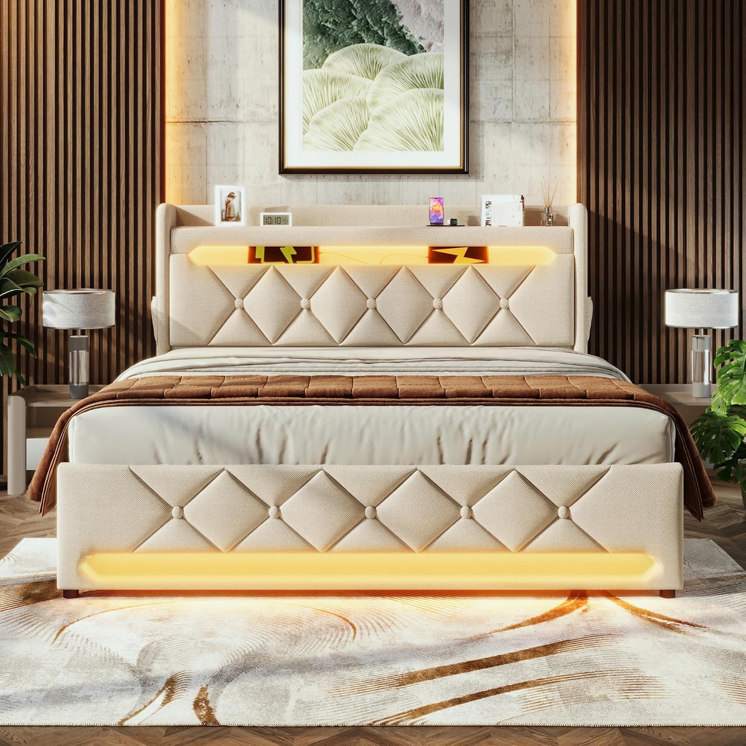 Merax Bett 140x200 mit Stauraum, Polsterbett 140x200 cm mit LED-Beleuchtung & Ladestation, Polsterbett Doppelbett mit USB und Typ C-Port, Stauraum Kopfteil, Beige, Leinen(Ohne Matratze)