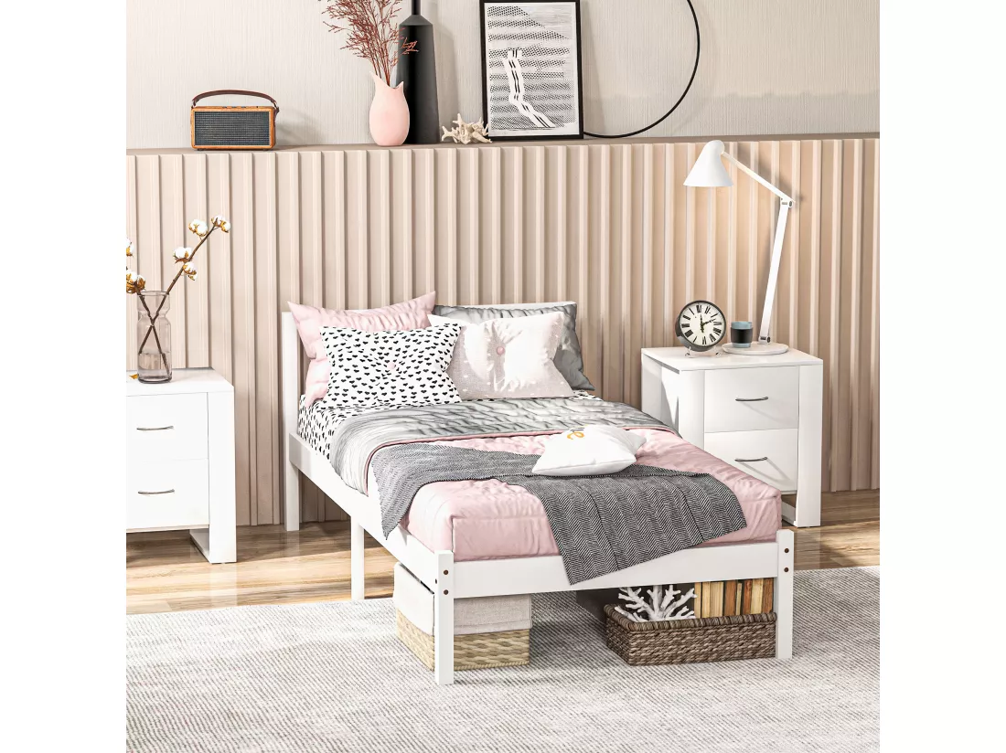 Lit simple design - tête de lit, sommier inclus - dim. 198L x 96l x 70H cm - compatible matelas 190L x 90l cm - bois blanc