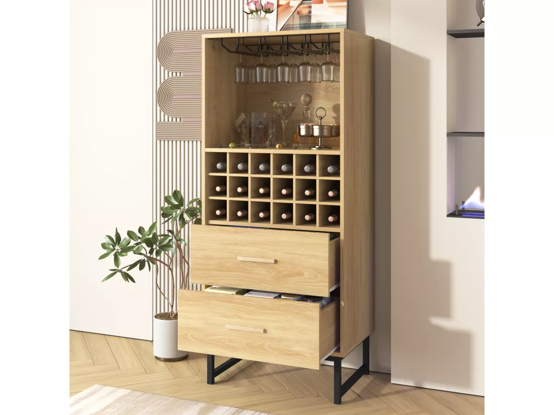 Buffet de cuisine avec casier à vin 18 bouteilles et 2 tiroirs - 60 x 39.5 x 141 cm - Panneau de particules - Coloris bois