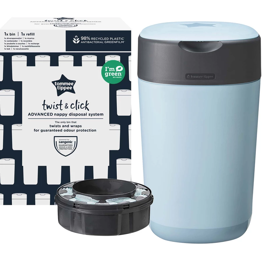 Tommee Tippee Twist & Click Advanced  Windeleimer, inkl. einer Kassette mit nachhaltig gewonnenem, antibakteriellem Greenfilm in blau
