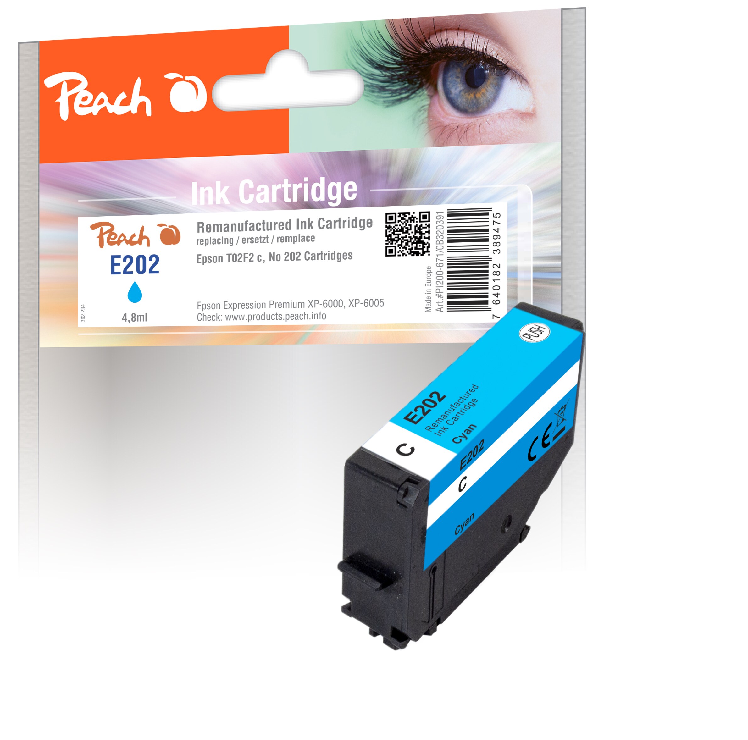 Peach E2F2 Druckerpatrone cy ersetzt Epson T02F2, No. 202 c, C13T02F24010 für z.B. Epson Expression Premium XP -6000 (wiederaufbereitet)