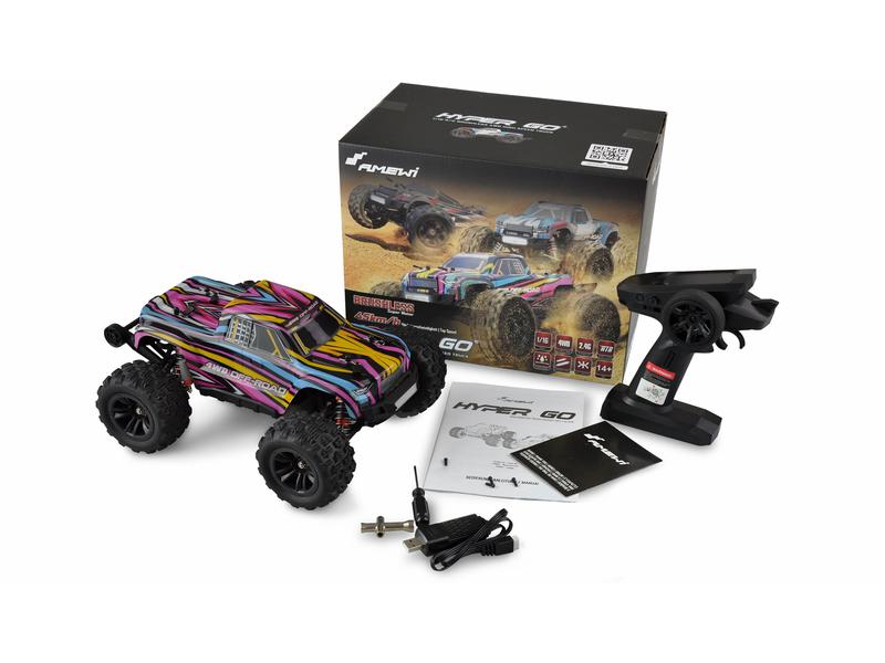 Amewi Monster Truck Hyper GO Brushless 4WD, Blau/Rot, 1:16, Off-Road RC Modellauto mit Allradantrieb und 45 km/h Höchstgeschwindigkeit