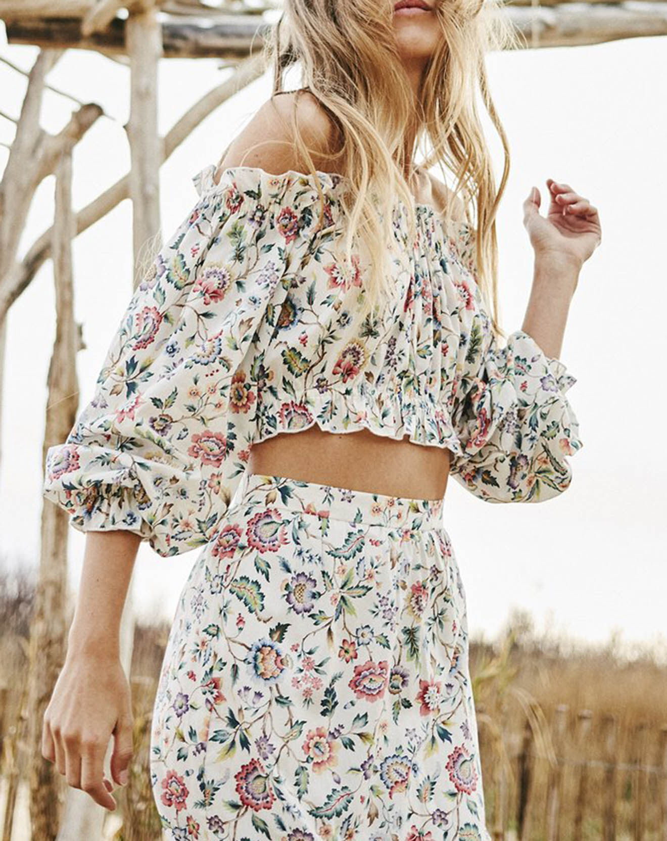 Maison Père Blouse épaules dénudées liberty imprimée multicolore