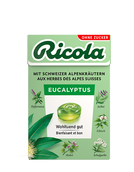 Ricola Kräuterbonbons Pastillen Eucalyptus ohne Zucker mit Stevia Box 50 g
