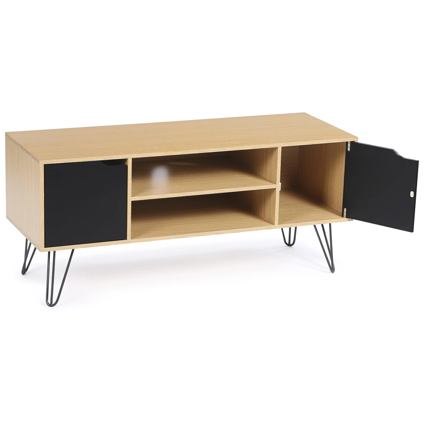 Meuble TV 113 cm vintage NOEMI pied épingle bois portes noires