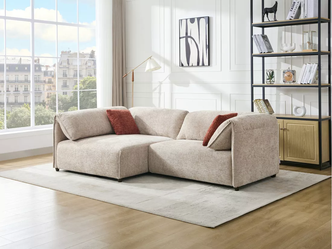 Canapé angle gauche en tissu texturé beige LOUSOPA de Maison Céphy