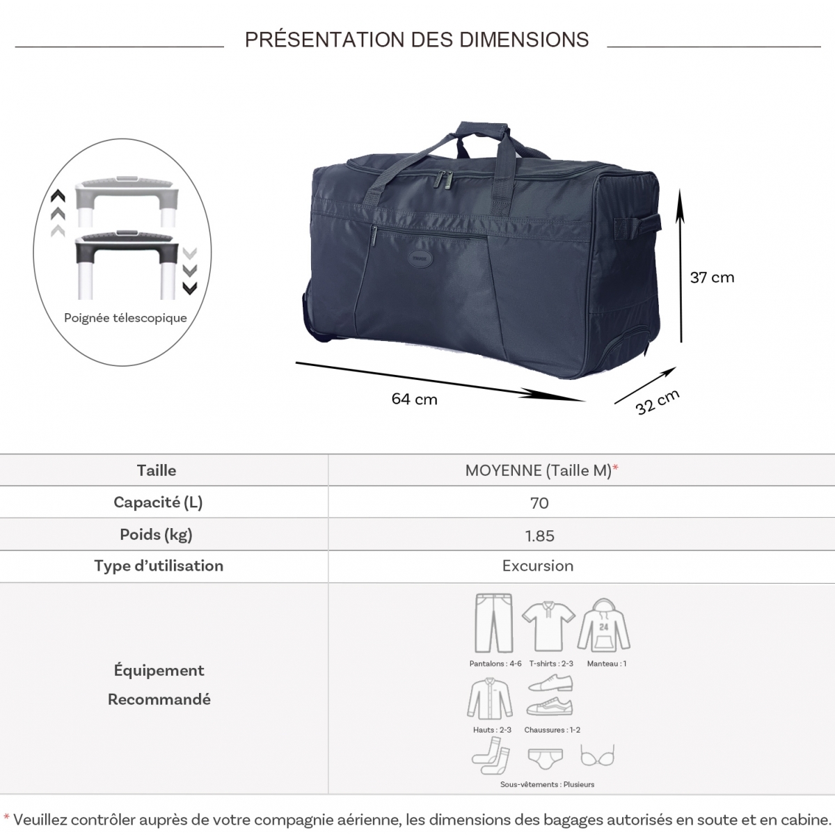 Truck Sac de voyage avec roulettes 70L Truck polyester taille M 64cm