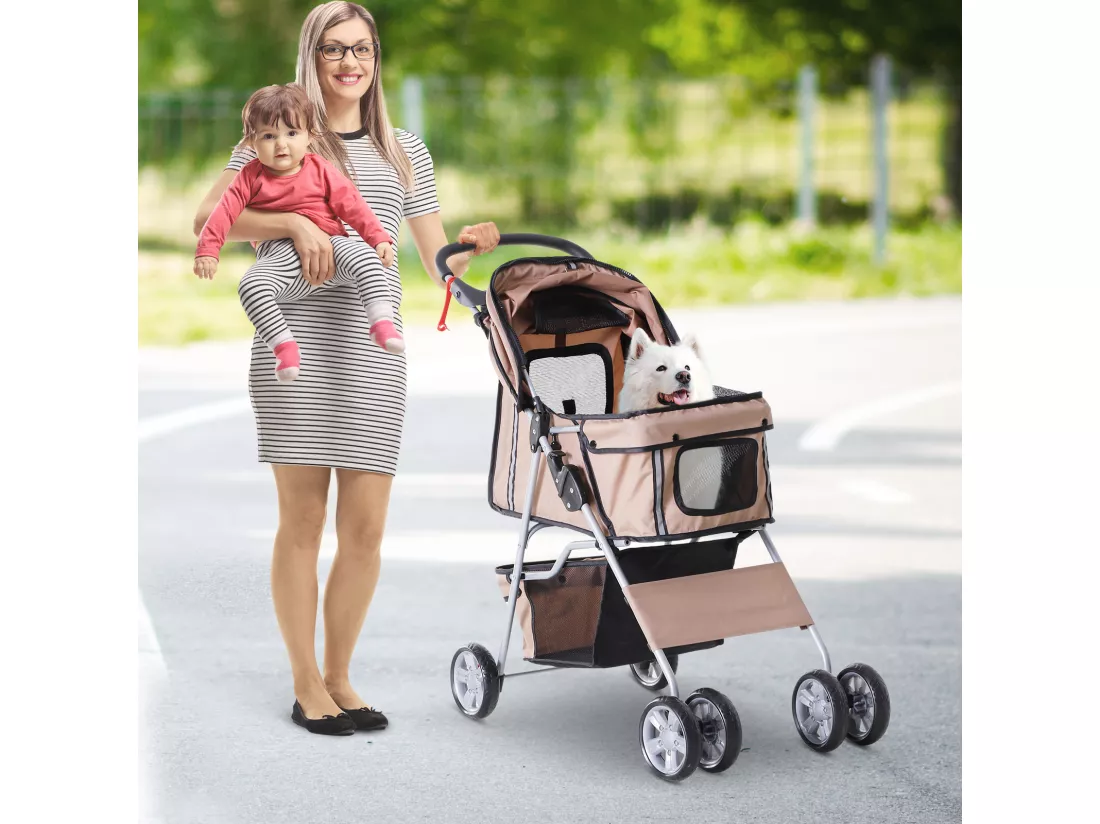 Poussette buggy pliable pour chiens tissu 600D Oxford imperméable 4 roues marron