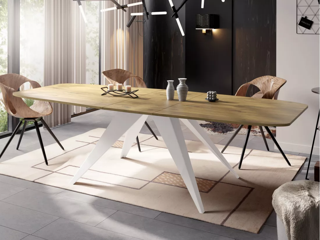 Table à Manger Extensible Style Loft - Table Industrielle Avec Pieds Métalliques Blancs - Design Moderne Pour Salon - 160 Cm Extensible à 200 Cm - Chêne Lancelot