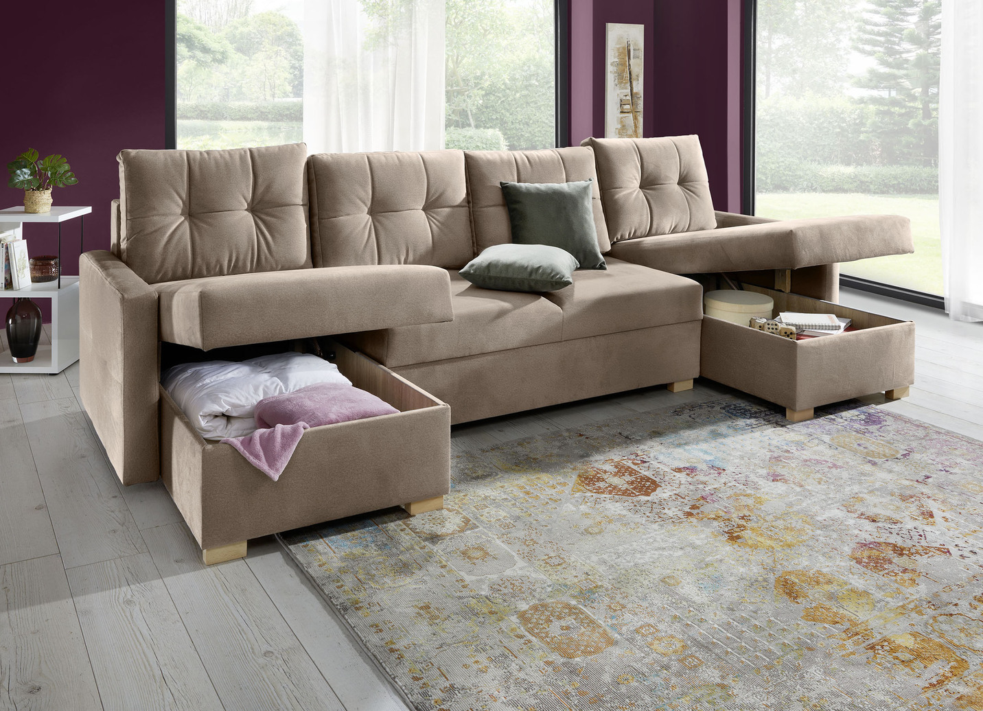 Gemütliche Wohnlandschaft mit Bettfunktion und 3 Bettkästen