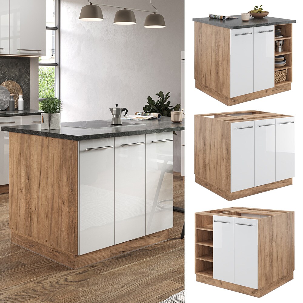 Vicco Kücheninsel Küchenblock Einbauküche Fame-Line Eiche Weiß 90 cm modern Hochglanz Küchen Schränke Regalunterschrank Küchenunterschrank Regalinselunterschrank Softclose-Scharnier Küchenmöbel