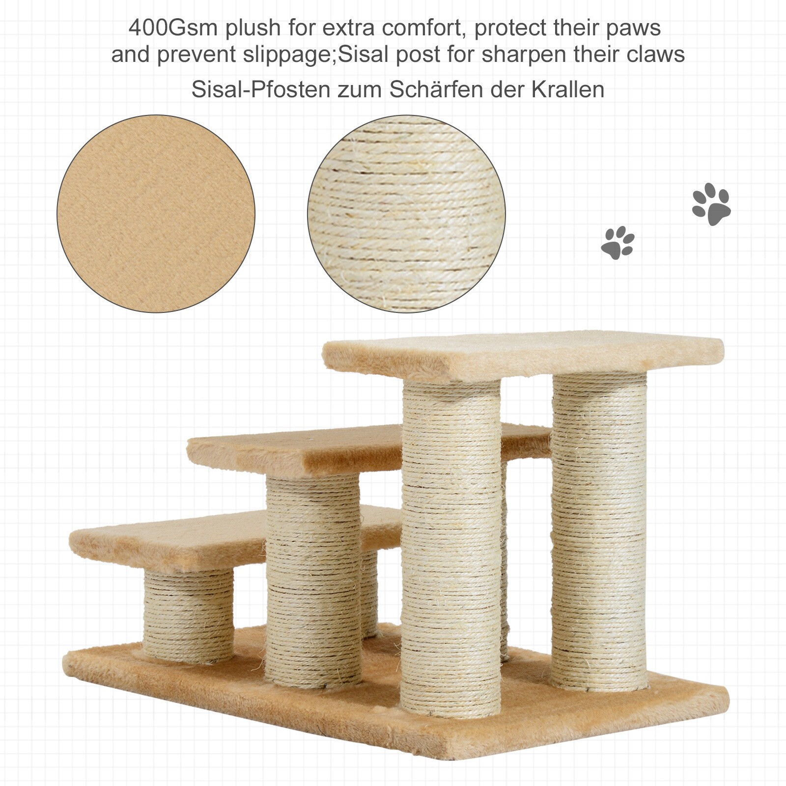 PawHut Katzenteppe mit 3 Stufen beige 45 x 35 x 34 cm (LxBxH)