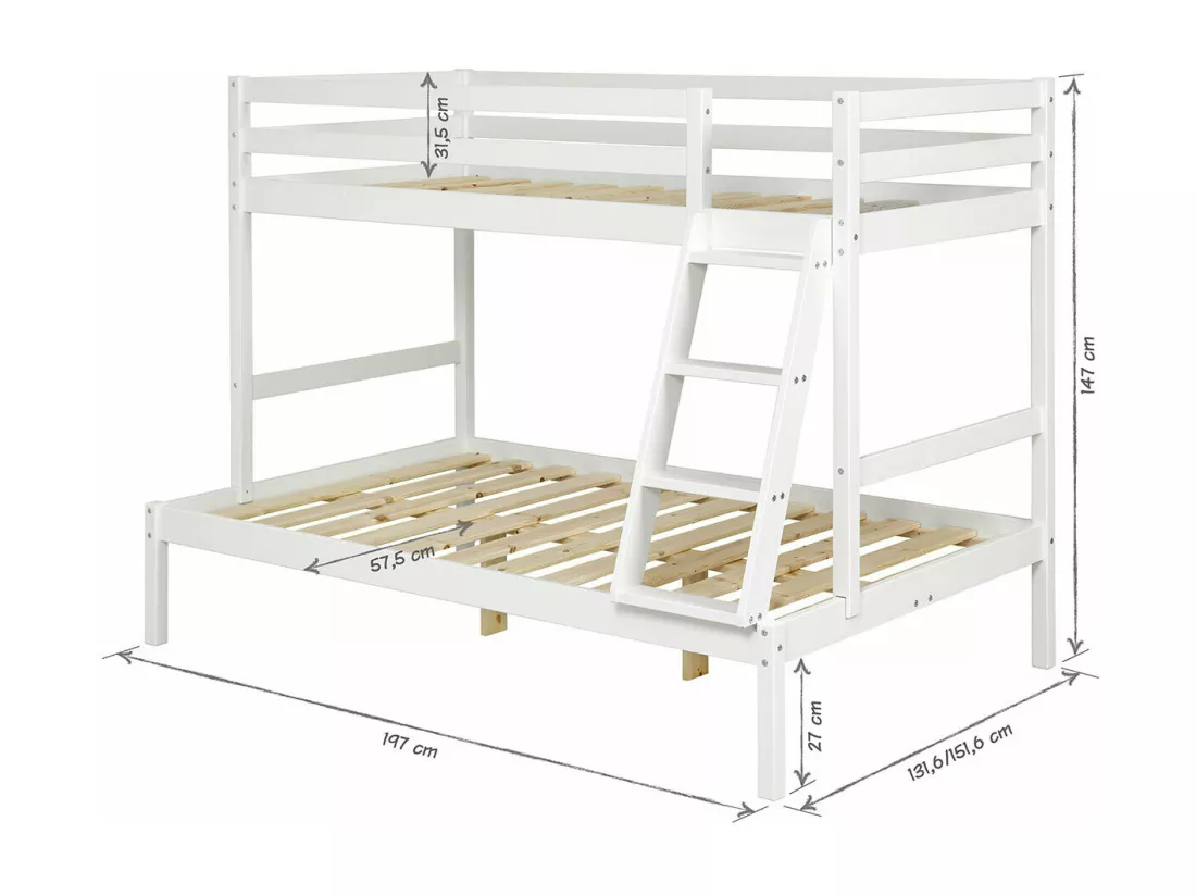 Lit superposé 140x190 cm bois massif blanc JULIAN