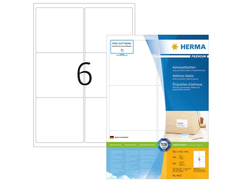 HERMA Premium etiket 93.1 x 99.1 mm mat hvid permanent selvklæbende (pakke á 600 stk.)