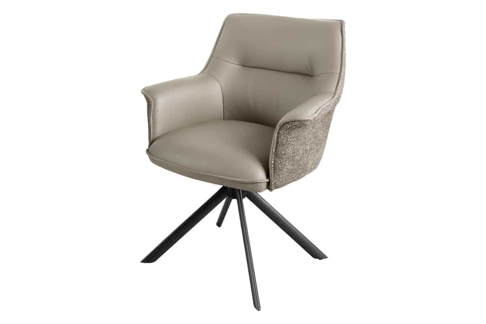 Drehbarer Stuhl LE GRAND taupe Echtleder Strukturstoff schwarzes Metallgestell
