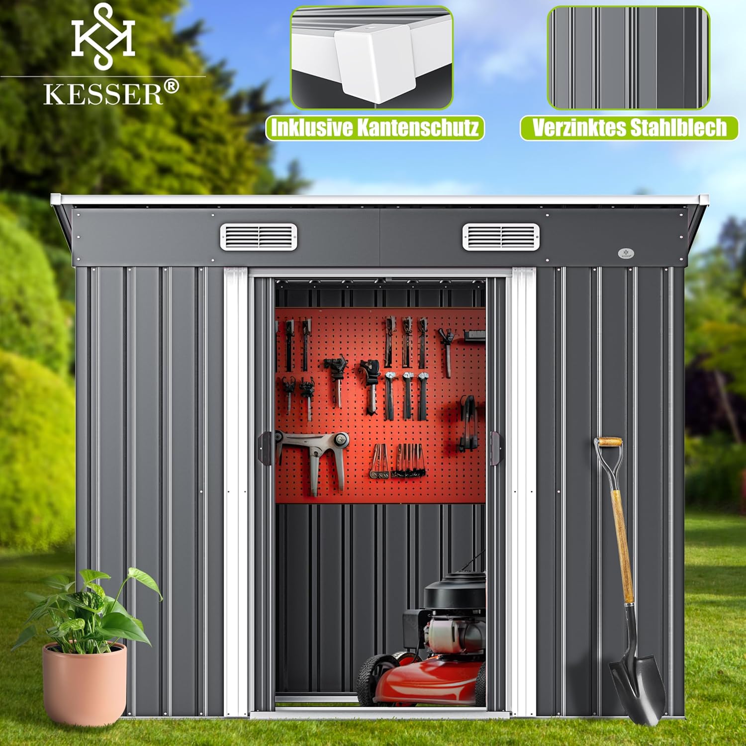 KESSER® - Gerätehaus L Metall 4 m³ mit Fundament | 194x121x181 cm | 2X Schiebetür & Fundament | Geräteschuppen | Gartenhaus Schrank | Pultdach Garten Schuppen, Ink. Arbeitshandschuhe Grau