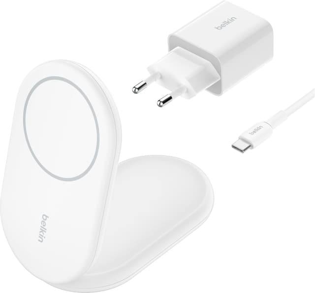 Belkin BoostCharge Qi2 magnetisk foldbar opladningsstander (hvid)