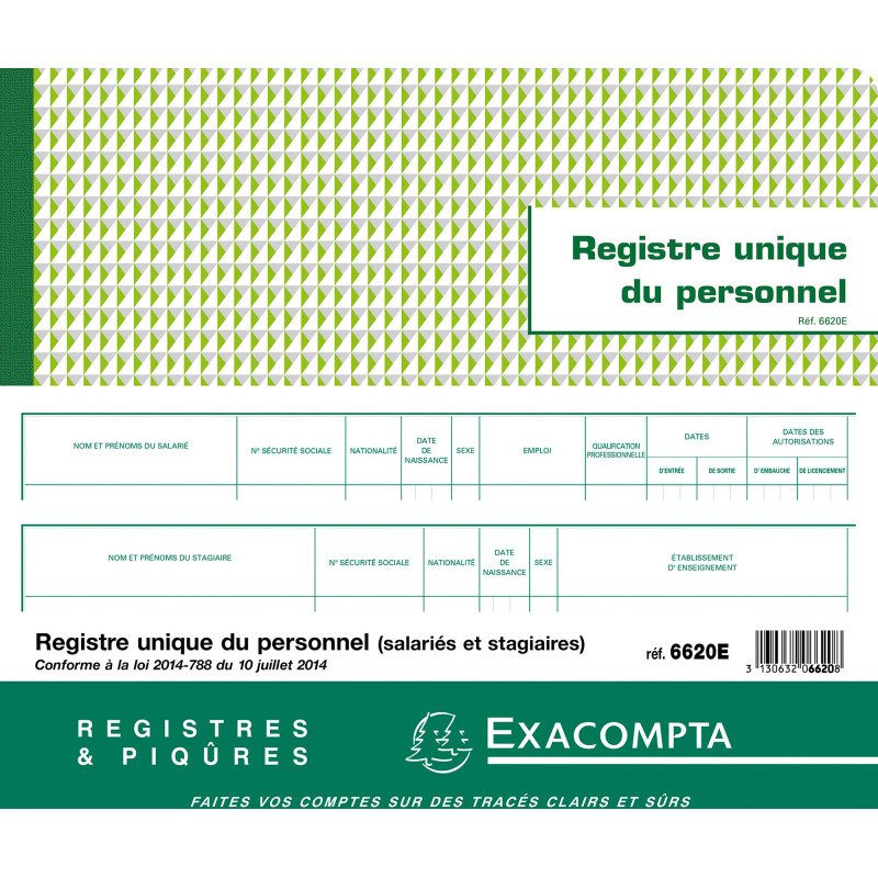 Registre imprimé unique du personnel Exacompta 6620E, 27 x 32 cm 52 pages