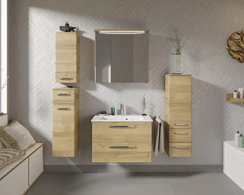 Pelipal Kumba badkamermeubelset (B x H x D): 137 x 200 x 50 cm, frontkleur: Riviera eiken, 5-delige set inclusief witte gegoten mineraalwastafel, halfhoge kast, onderkast en bovenkast (99.770121473)
