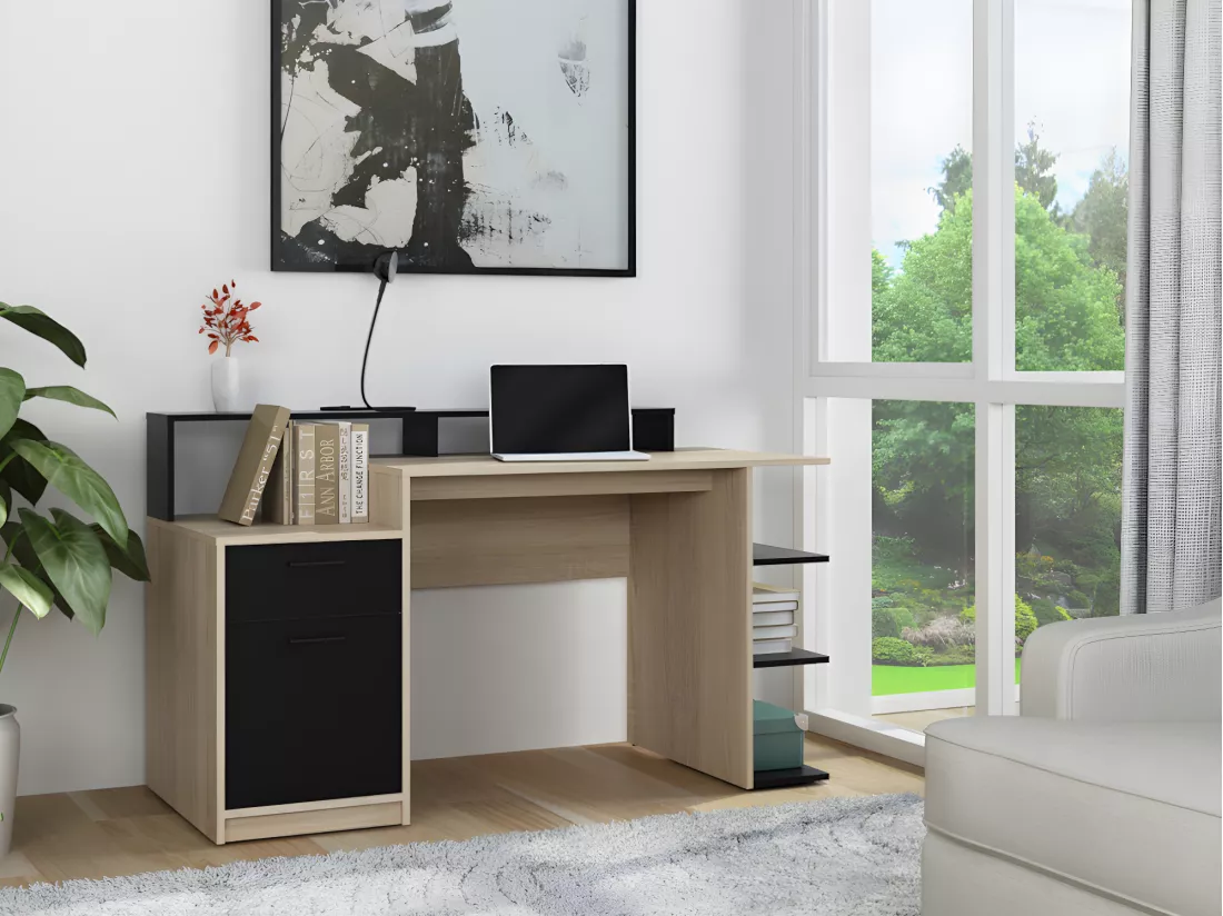 Bureau avec rangements ZACHARIE - Coloris : chêne et noir