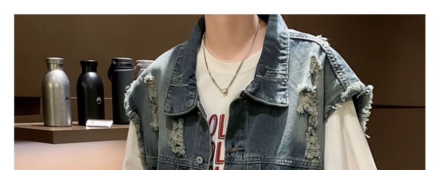 Filmas - Distressed Denim Single-Breasted Vest
