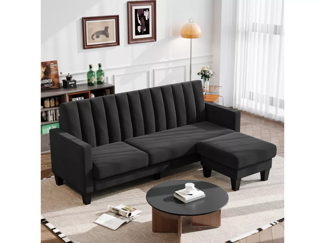 Canapé d'angle 3/4 places réversible en tissu noir - méridienne ou pouf - rayures verticales - 208x76x85cm