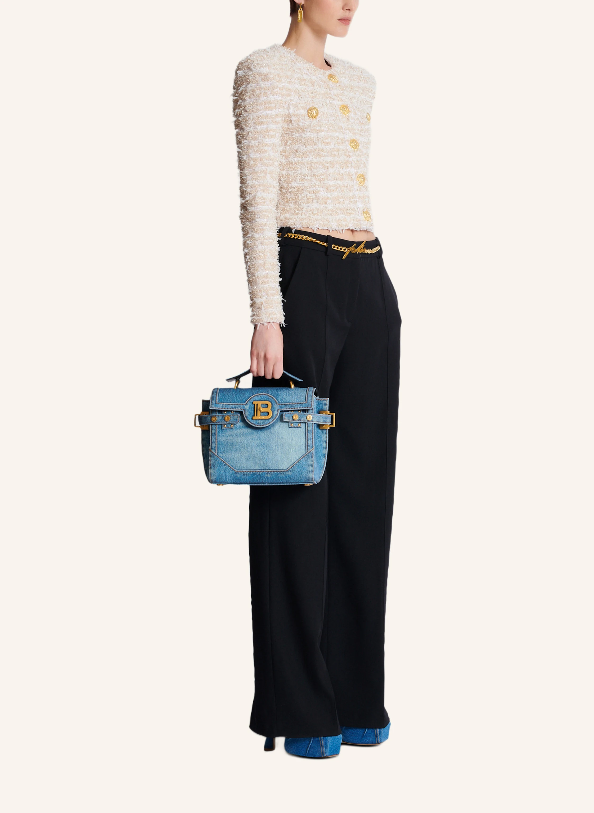 BALMAIN Tasche B-Buzz 23 aus Canvas mit Denim-Print