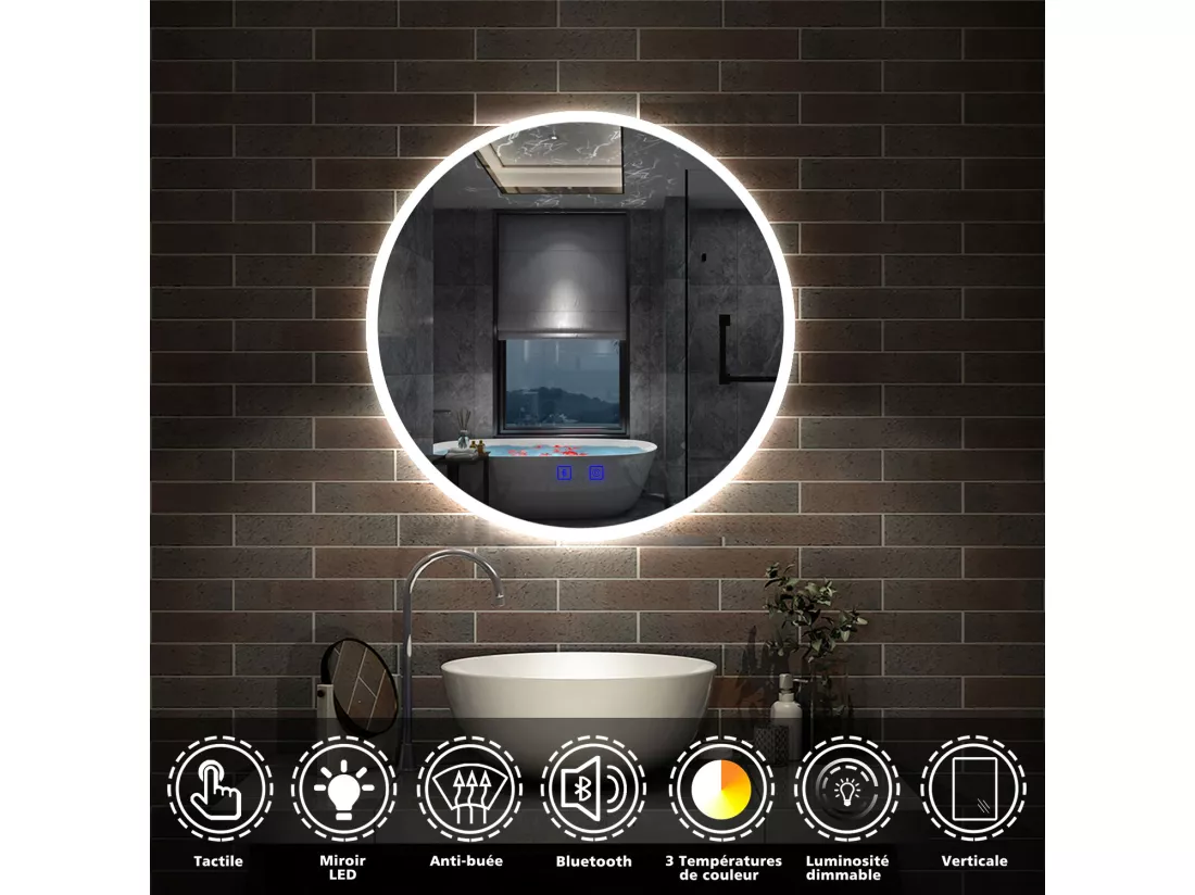 Miroir de Salle de Bain rond LED 80cm avec Bluetooth+Anti-buée+3 Couleurs+Dimmable Aica
