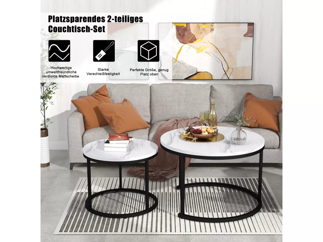 Lot de 2 tables basses gigognes, table d'appoint ronde en MDF, placage marbré, blanc