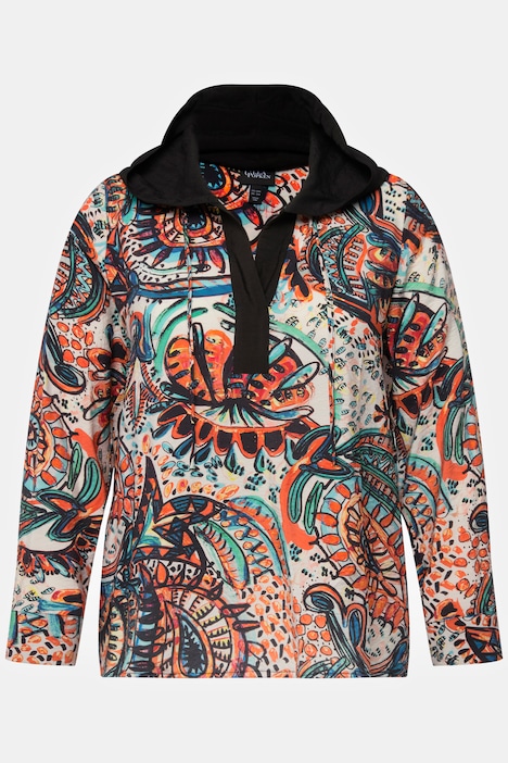 Kapuzen-Bluse, Paisley, A-Linie, V-Ausschnitt, Langarm